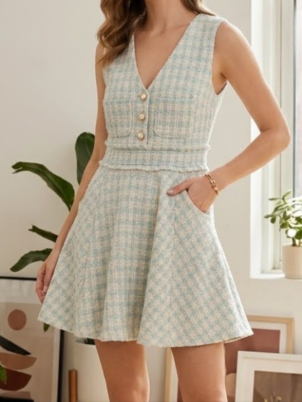 Sleeveless Tweed Mini Dress in Light Blue and Cream